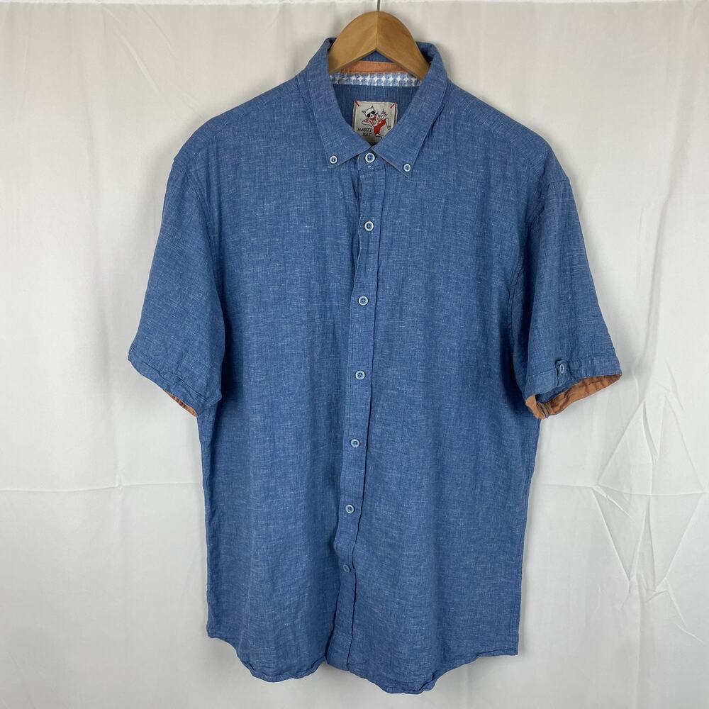 Marti Kat Men's Short Sleeve Button Down Linen Blend Blue Shirt 2XL (Fits XL)